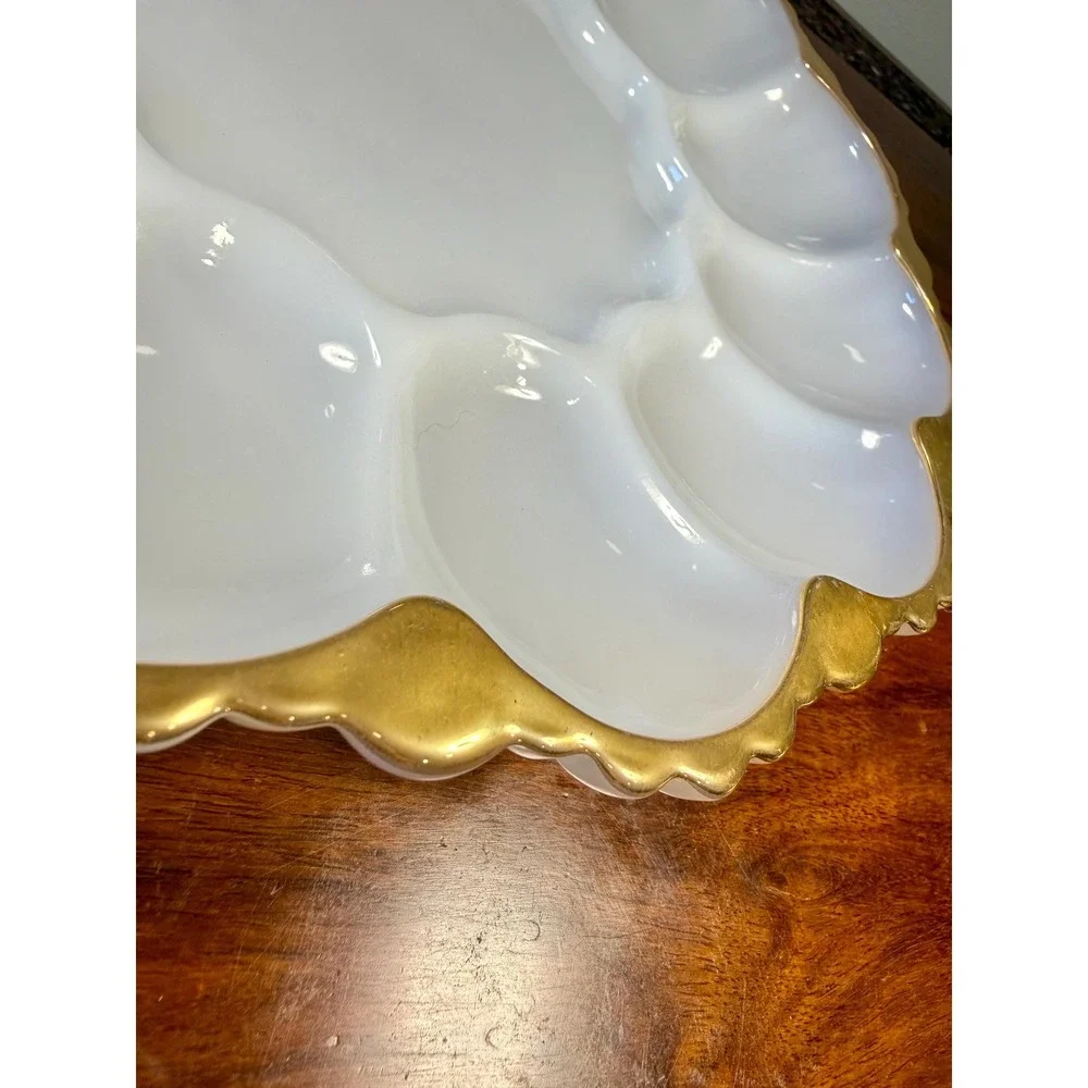 Vintage Milk Glass Deviled Egg Platter • Scalloped Gold Trim Serving Tray